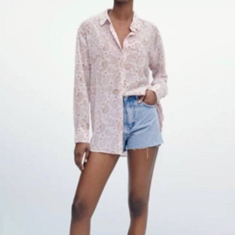 NWT Zara Paisley Sheer Button Down Dress Shirt SZ L